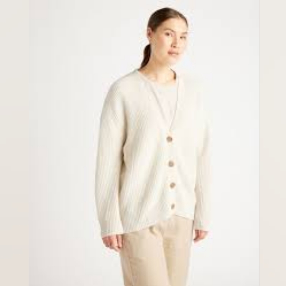 Quince Mongolian Cashmere  Fisherman Boyfriend Cardigan Sweater in Ivory